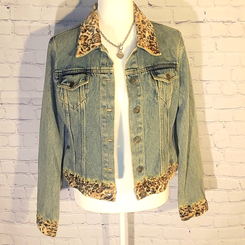 Newport News Blue Jean Jacket with Leopard Print